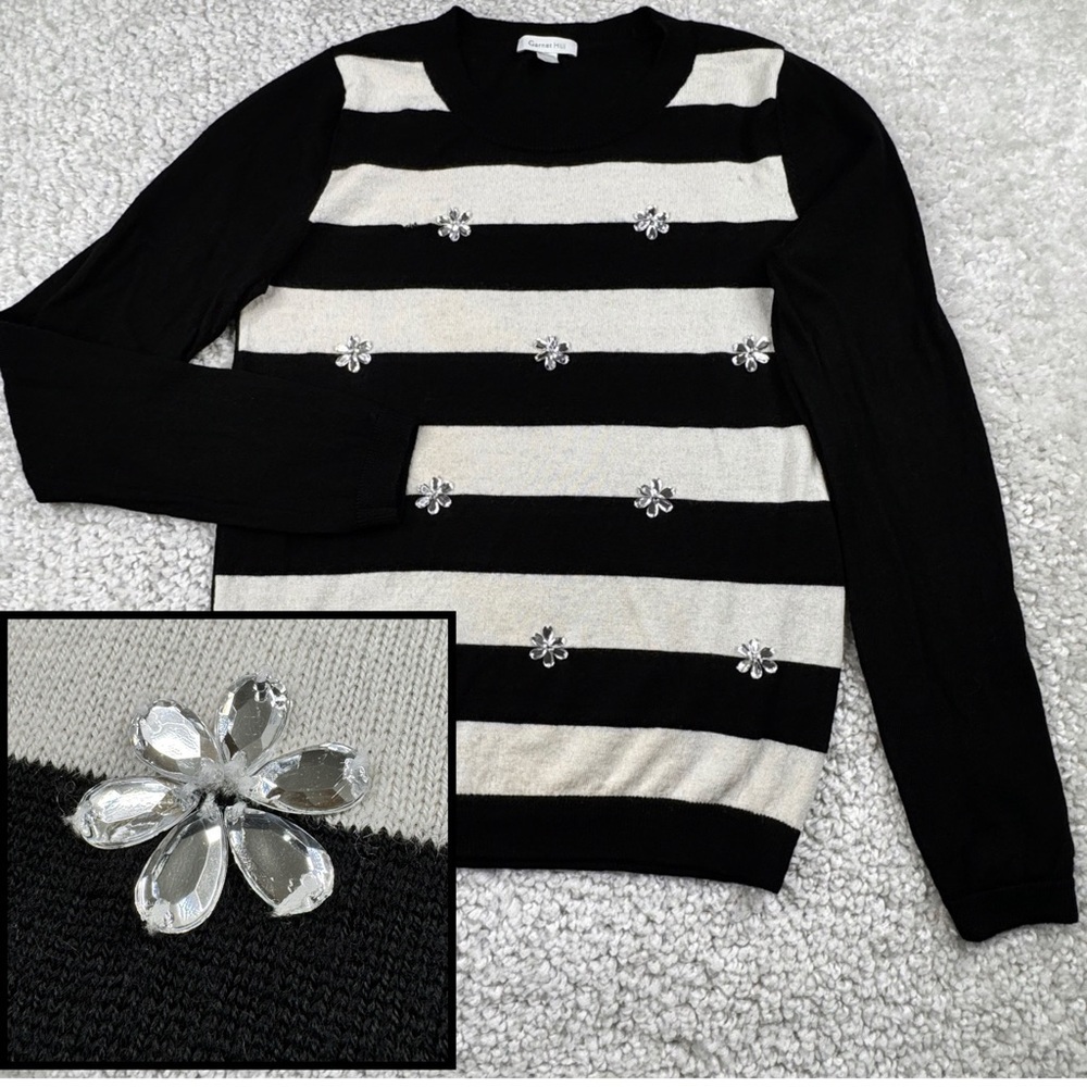 Garnet Hill 100% Wool Rhinestone Flower Striped Shirt. Black and Tan. Small